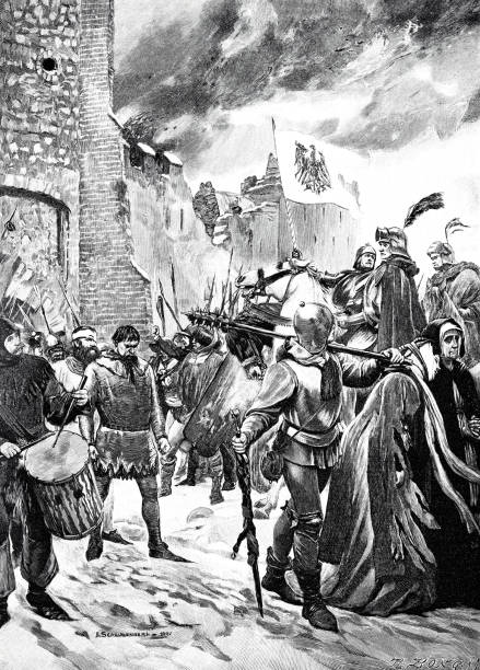 ilustraciones, imágenes clip art, dibujos animados e iconos de stock de markgraf friedrich i von hohenzollern derrota a los quitzows y compañeros, 1414 - von