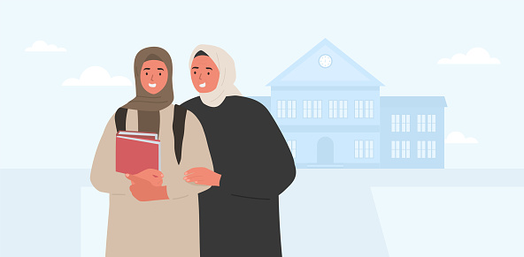 Muslim mom and daughter in front of the university. First year student. Vector illustration