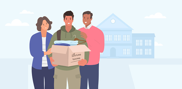 First year student moving to college dormitory. Parents helping to carry the luggage. Vector illustration