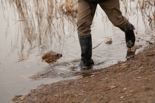 istock Feet in rubber boots walk along the water edge 1569447247