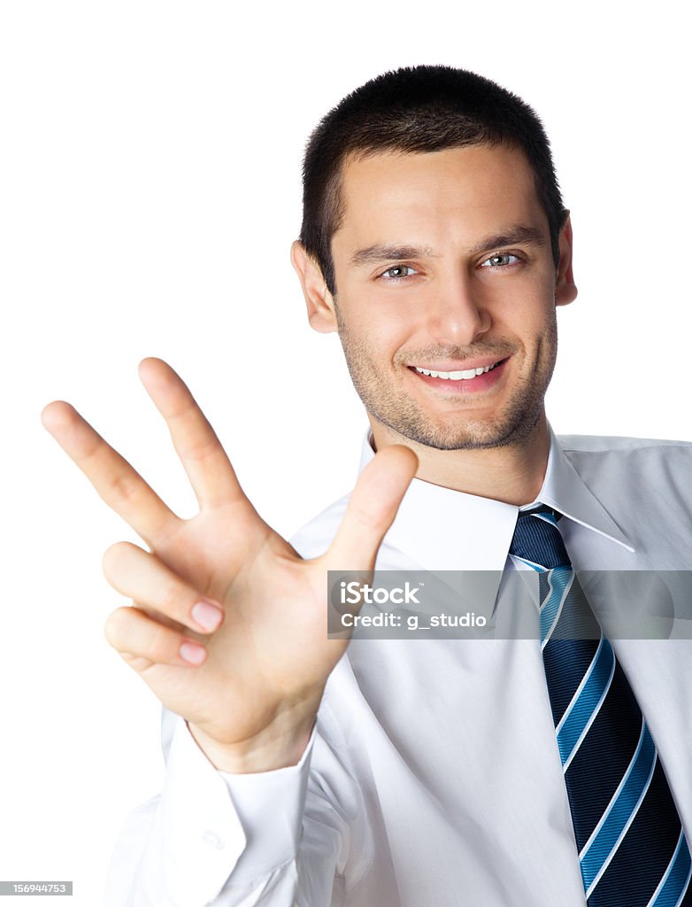 Retrato de sorrindo feliz Empresário mostrando três dedos - Foto de stock de 20 Anos royalty-free