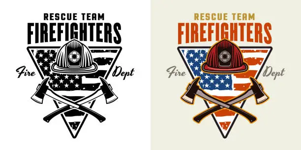 Vector illustration of Firefighters vector emblem, logo, badge or label design illustration in two styles black on white and colored