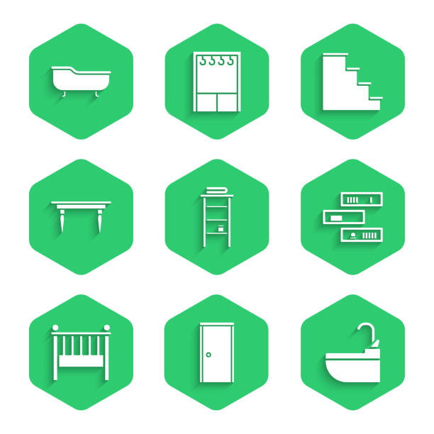 ilustraciones, imágenes clip art, dibujos animados e iconos de stock de set mueble de baño con estantes para toallas, puerta cerrada, grifo de agua del lavabo, estanterías, cuna de cuna, mesa de madera, escalera e icono de bañera. vector - steps staircase water doorway