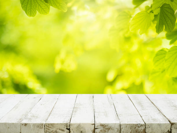 istock selective focus.real white wood table top texture on blur leaf tree garden background. 1569459541