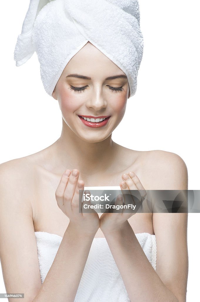 Woman in towel holding soap http://img812.imageshack.us/img812/3413/32350710.jpg 20-24 Years Stock Photo