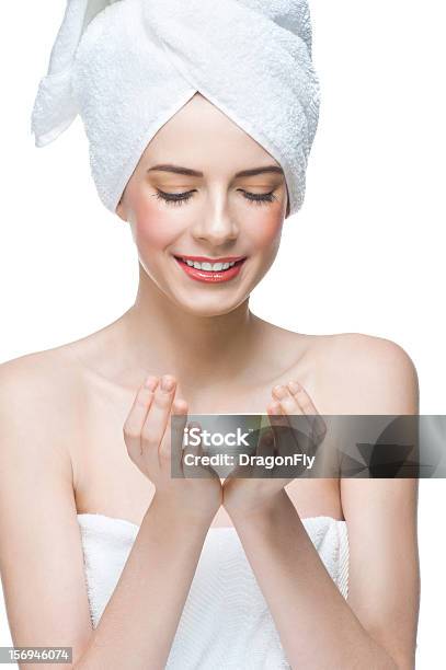 Woman In Towel Holding Soap Stock Photo - Download Image Now - 20-24 Years, 20-29 Years, Adult