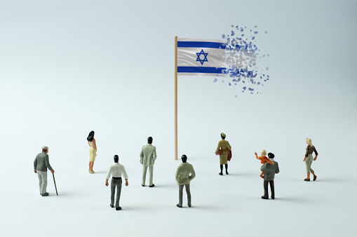 Israeli flag disintegrating (the concept of economic crisis, pandemic, internal opposition, terrorism, refugees, etc.)