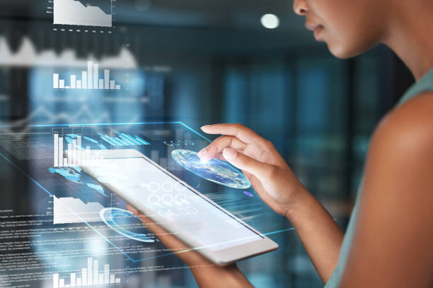 istock Black woman hands on tablet, data overlay and erp app innovation, research and programming in future technology. Futuristic global network, analytics and web developer for business website software 1569471495