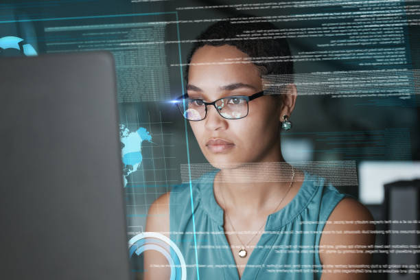 istock Computer data analysis, hologram hud or woman reading global communication, networking info or research analytics. Network digital transformation, ui hud or African face focus on future night overlay 1569472039