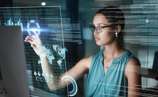 istock Computer, hologram hud or woman point at global communication, networking info graph or research analytics. Network digital transformation, ui dashboard or African person work on future night overlay 1569472571