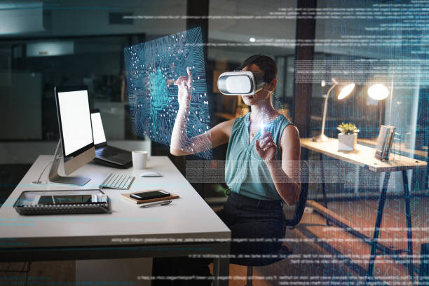 istock Woman, night and 3d vr headset with hologram network, web design and planning for global cybersecurity. Developer, augmented reality in metaverse for cloud computing or coding at office with ui 1569473634