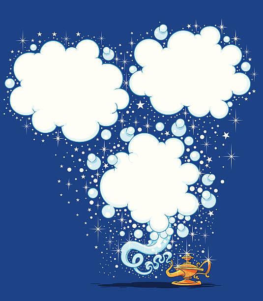 Magic lamp with cloud bubbles and sparkles vector art illustration