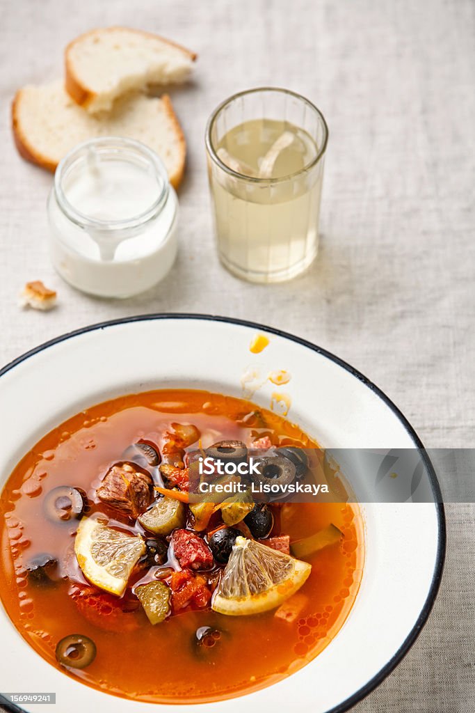 soup with meat Solyanka russian soup with meat, sausage and olives Beef Stock Photo