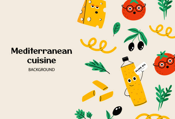 ilustrações, clipart, desenhos animados e ícones de fundo de caracteres de comida mediterrânea - homegrown produce dairy product olive oil food