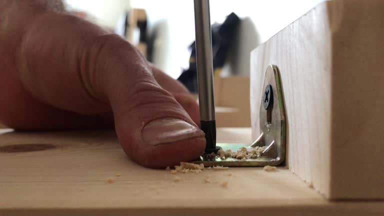 Close-up of a hand driving a screw with a screwdriver