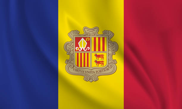 istock Waving flag of Andorra blowing in the wind. Full page flying flag 1569500570