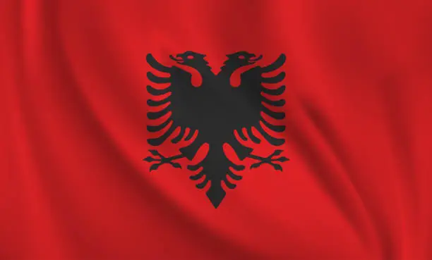 Vector illustration of Waving flag of Albania blowing in the wind. Full page flying flag