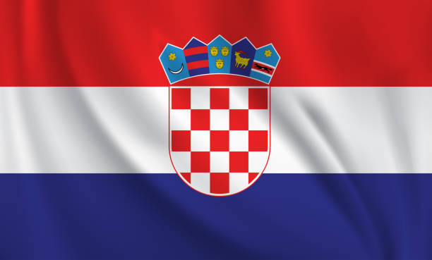istock Waving flag of Croatia blowing in the wind. Full page flying flag 1569501112