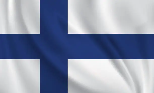 Vector illustration of Waving flag of Finland blowing in the wind. Full page flying flag
