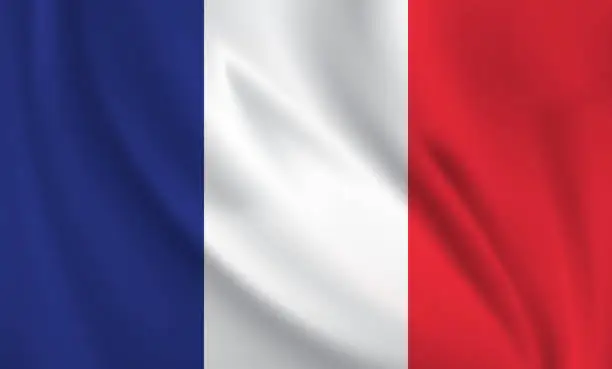 Vector illustration of Waving flag of France blowing in the wind. Full page flying flag