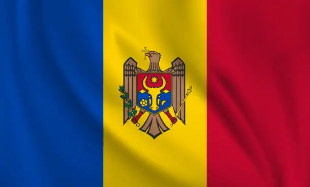 Vector illustration of Waving flag of Moldova blowing in the wind. Full page flying flag