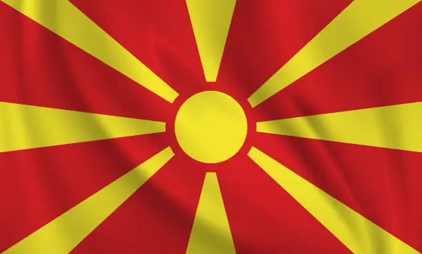 Vector illustration of Waving flag of North Macedonia blowing in the wind. Full page flying flag