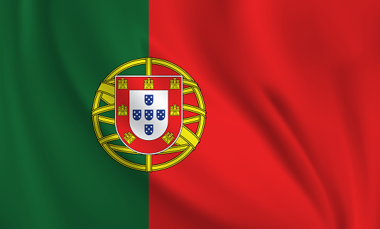 Waving flag of Portugal blowing in the wind. Full page flying flag. Vector realistic illustration EPS10