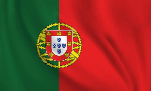 Vector illustration of Waving flag of Portugal blowing in the wind. Full page flying flag