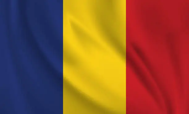 Vector illustration of Waving flag of Romania blowing in the wind. Full page flying flag