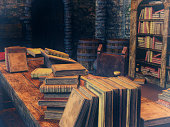 Antique books in an old house, 3D illustration