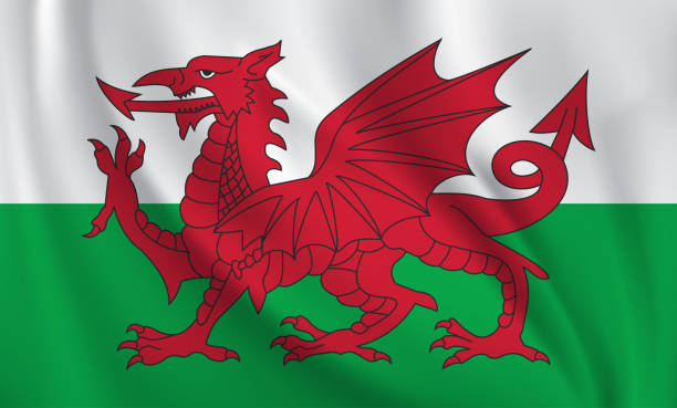 wehende flagge von wales, die im wind weht. ganzseitige fliegende flagge - welsh flag stock-grafiken, -clipart, -cartoons und -symbole