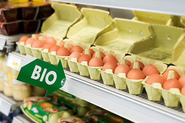 Display of Bio eggs in cartons stock photo