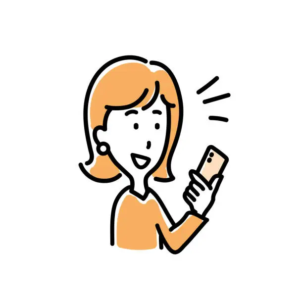 Vector illustration of A woman who is happy to see a smartphone,Vector Illustration