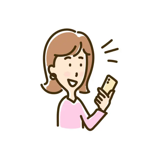 Vector illustration of A woman who is happy to see a smartphone,Vector Illustration
