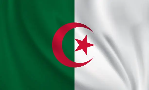 Vector illustration of Waving flag of Algeria blowing in the wind. Full page flying flag