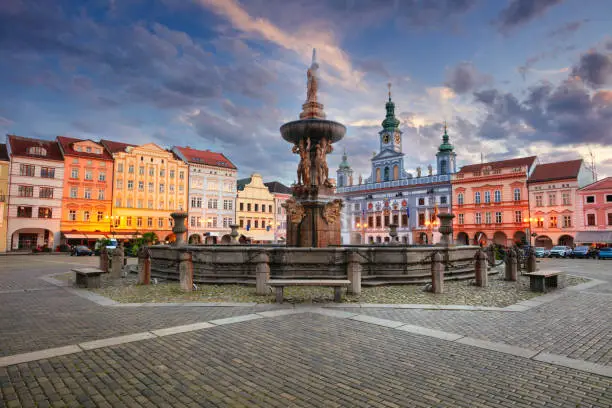 Cityscape image of downtown Ceske Budejovice, Czech Republic with Premysl Otakar II Square and Samson Fountain at summer sunset.