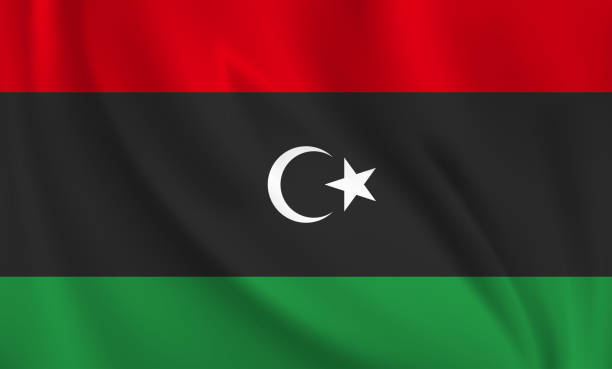 風に吹かれてリビアの旗を振る。全ページフライングフラッグ - libya flag libyan flag three dimensional shape点のイラスト素材／クリップアート素材／マンガ素材／アイコン素材