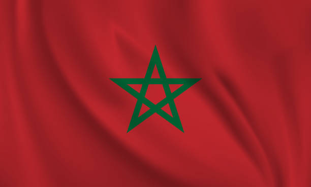 illustrazioni stock, clip art, cartoni animati e icone di tendenza di sventolando bandiera del marocco che soffia nel vento. bandiera volante a pagina intera - moroccan flags