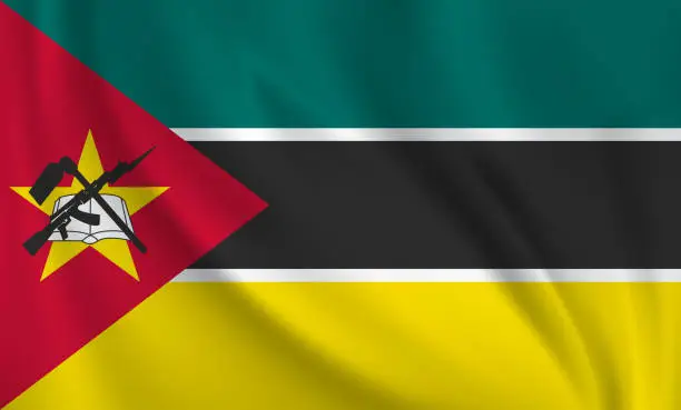 Vector illustration of Waving flag of Mozambique blowing in the wind. Full page flying flag