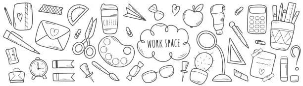 Vector illustration of Workspace of student, artist or worker doodle sketch style