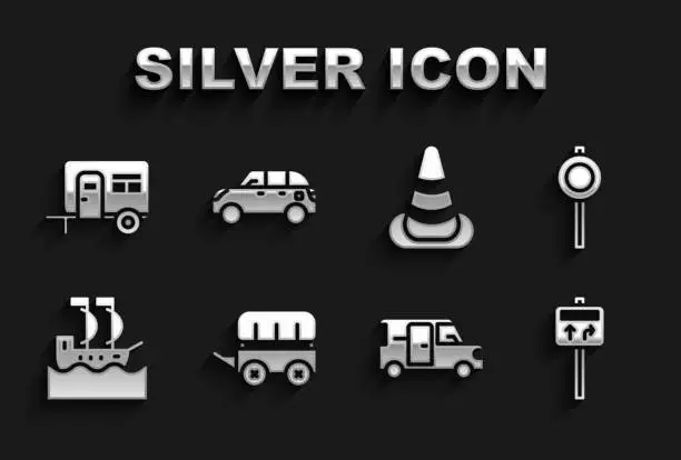 Vector illustration of Set Wild west covered wagon, Road traffic signpost, Minibus, Sailboat, Traffic cone, Rv Camping trailer and Hatchback car icon. Vector