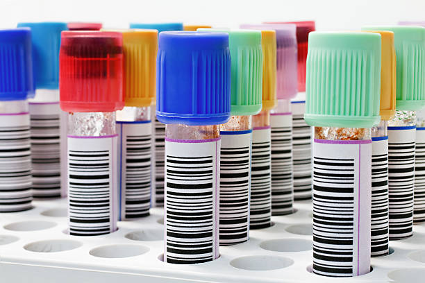 blood sample tubes placed in a rack Tubes labeled with bar codes with blood samples inside traceability stock pictures, royalty-free photos & images