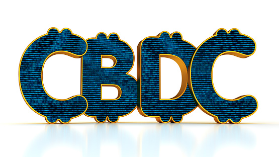CBDC. Central Bank Digital Currency text with binary code isolated on the white background.