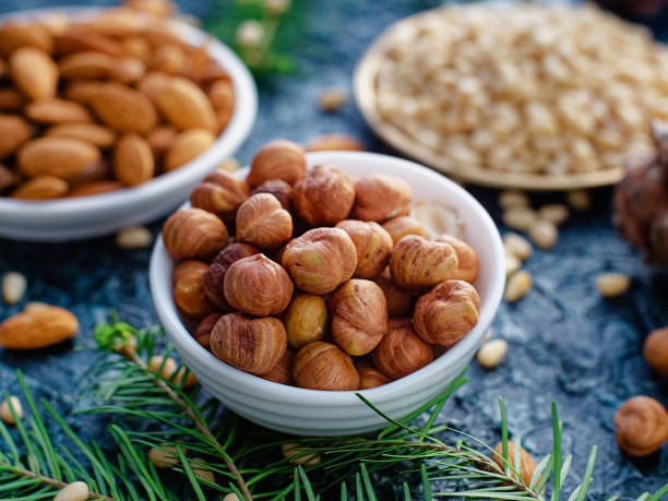 nut assortment. hazelnuts, almonds, pine nuts in plates stand on table with spruce branches. top view. - pine nut nut seed vegan food imagens e fotografias de stock