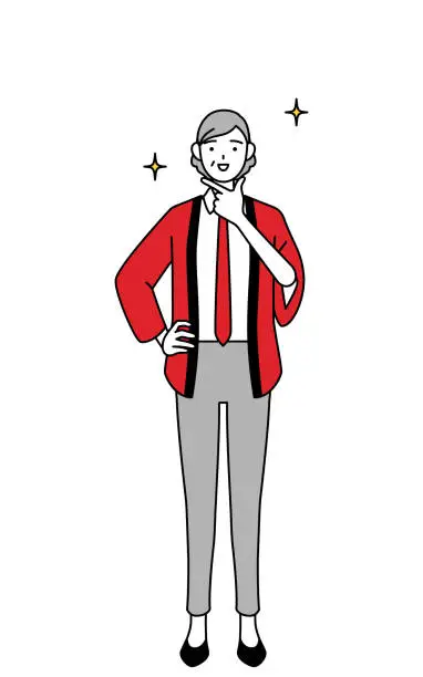 Vector illustration of Senior woman wearing a red happi coat in a confident pose.