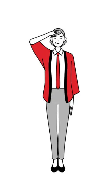 Vector illustration of Senior woman wearing a red happi coat making a salute.