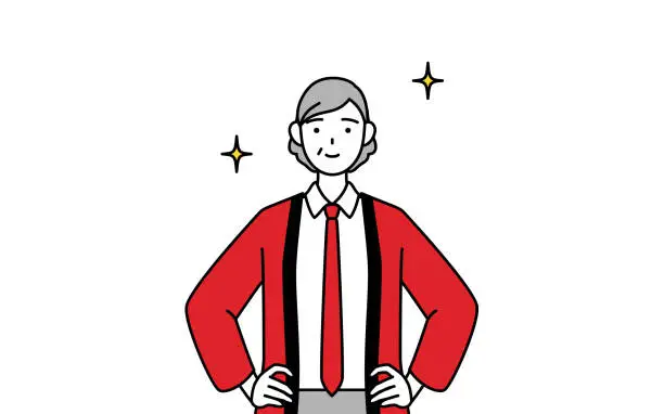 Vector illustration of Senior woman wearing a red happi coat with her hands on her hips.