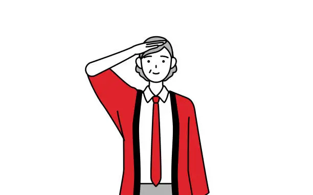 Vector illustration of Senior woman wearing a red happi coat making a salute.