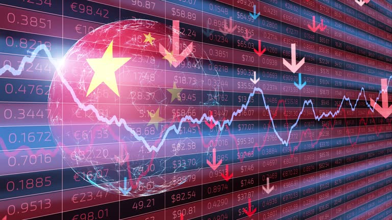 China flag and artistic negative business, concept recession info graphics animation background.