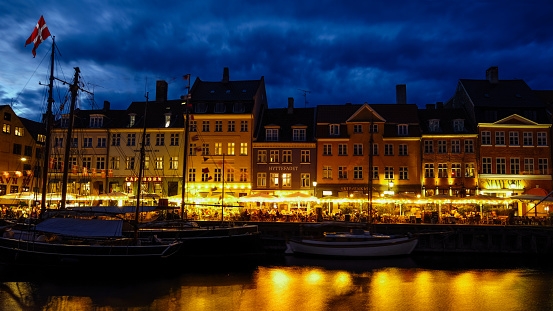 Nyhavn canal harbor Copenhagen city Denmark blue hour night